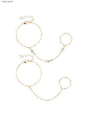 2 Pcs Dainty Stackable Paperclip Link Bracelets Hand Chain Ring Set Gold